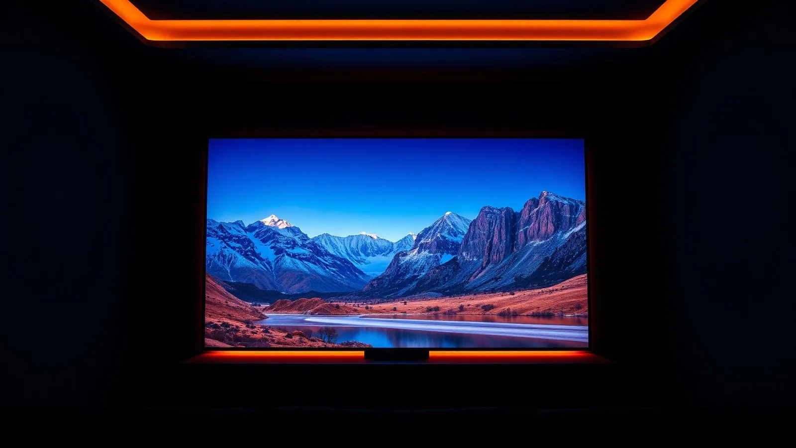 TV grande exibindo paisagem em ultra alta definição em sala escura