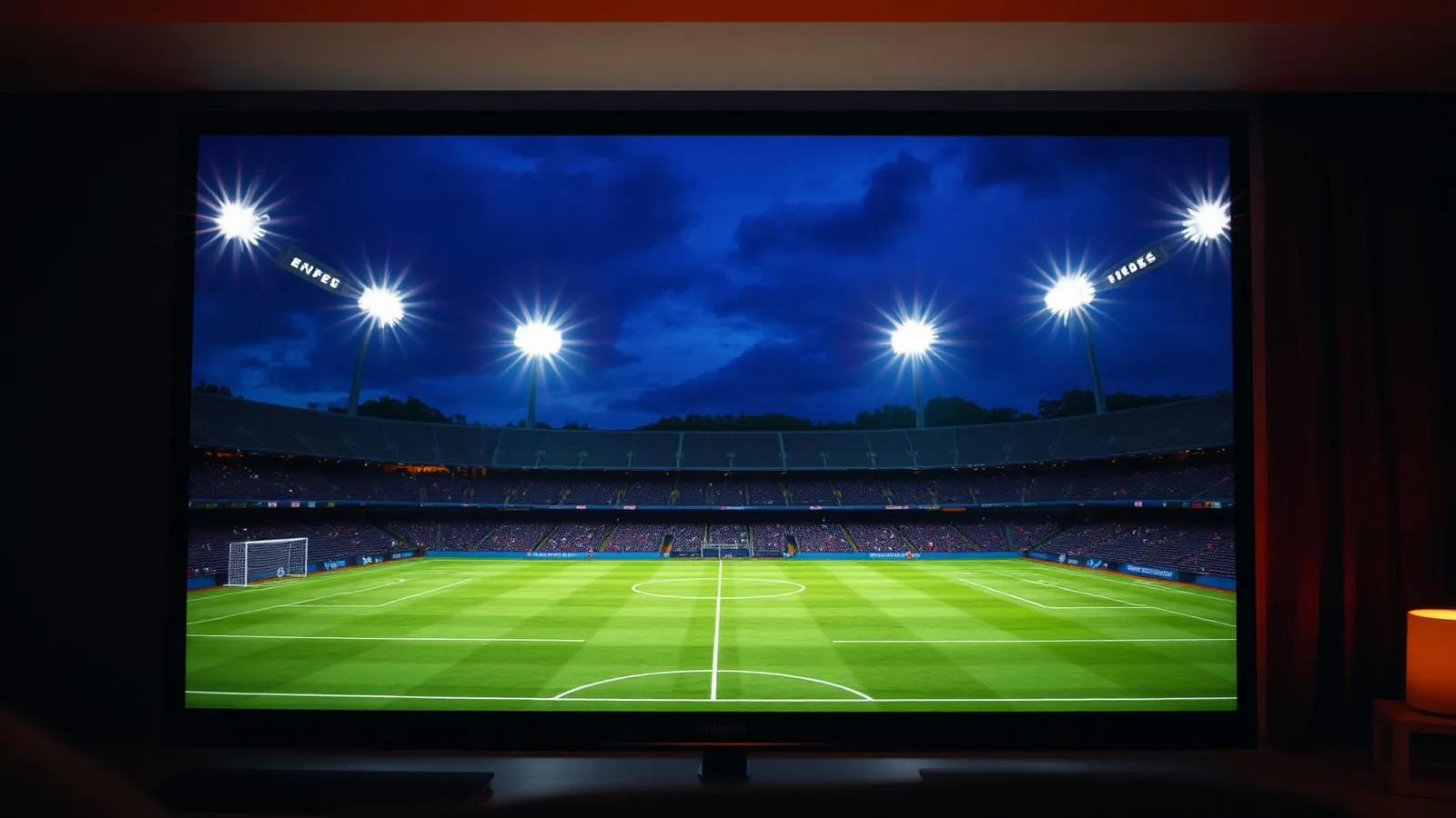 Tela grande exibindo estádio de futebol iluminado à noite